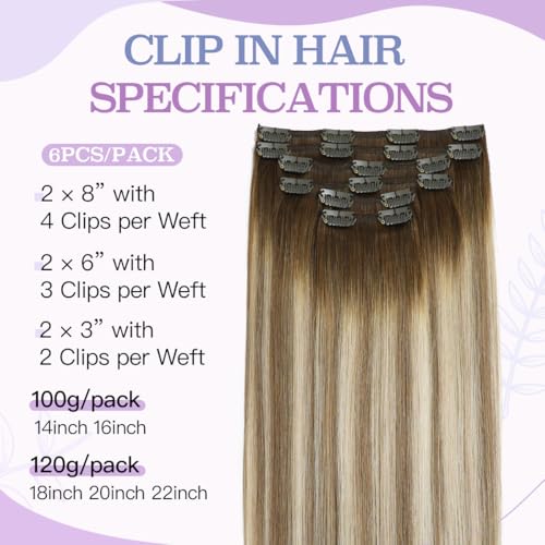 Sindra Hair Extensions Real Human Hair Clip ins 14Inch Balayage Dark Brown Ombre Light Brown Blonde Clip in Hair Extensions Real Human Hair Remy Straight For Woman 100G 6Pcs(clip#3/8/22-14inch)