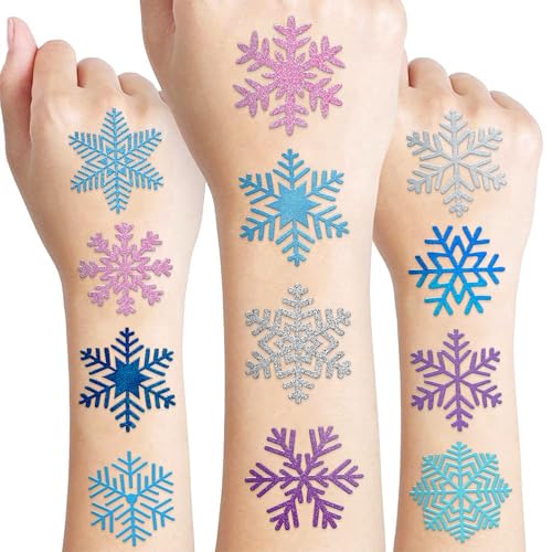 96 PCS Blue Snowflake Pre-Cut Temporary Tattoos Sticker Winter Birthday Christmas Party Decorations Decor Supplies Favors Gifts for Girls Boys Baby Showers Cute Fake Tattoos Classroom Reward Themed