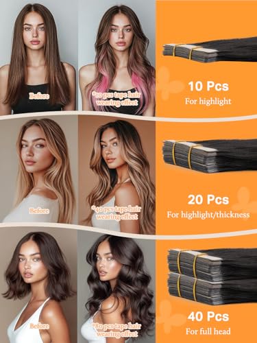 DOORES Tape in Hair Extensions, Jet Black 20 Inch 50g