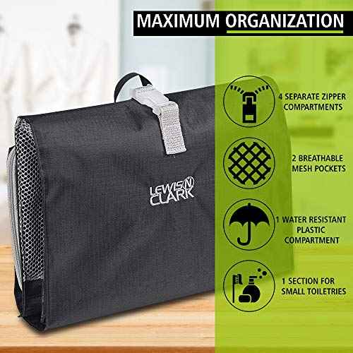 Lewis N. Clark Hanging Toiletry Bag for Travel Accessories, Shampoo, Cosmetics + Personal Items with Waterproof Compartment and Folding Design, Black