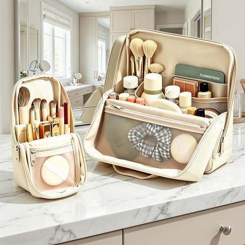 Wnnideo Standing Makeup Bag - Large Capacity Linen Cosmetic Organizer