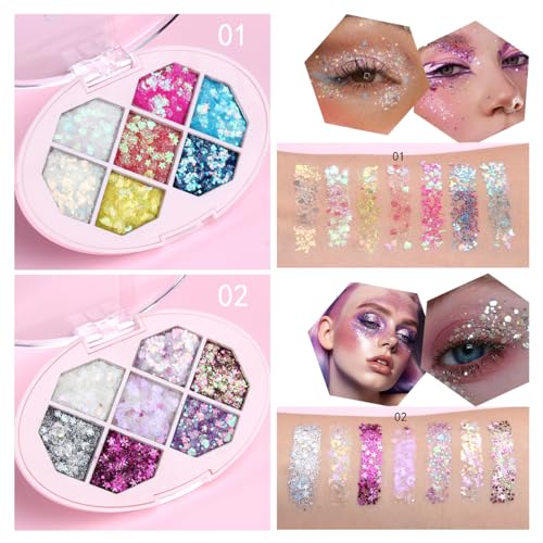 Colorful Glitter Eyeshadow Palette, 7 Colors Face & Body Glitter Gel, Sparkle Long Lasting Waterproof Quick Dry Professional Makeup Palette for Body, Face, Hair, Eye & Sparkling Eyeshadow 02