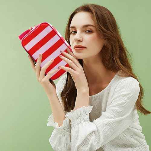Stripe Makeup Bag Travel Cosmetic Bag Organizer Tassel Toiletry Bag Large Canvas Zipper Pouch and Accessories Storage Bag for Women