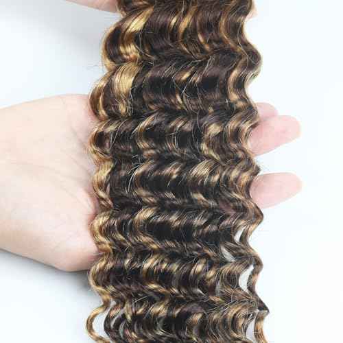 Highlight Human Braiding Hair for Boho Braids 110g Deep Water Wave Bulk Human Hair for Braiding Knotless 12A Curly Bulk Bohemian 3 Bundles P/430 Unprocessed Brazilian Ombre Extensions 20 Inch