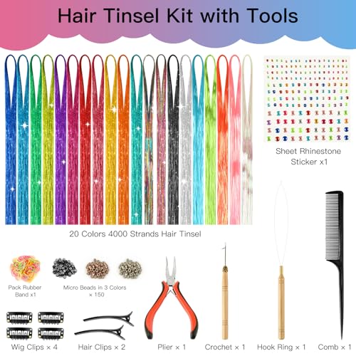 Hair Tinsel Kit 20 Colors 4000 Strands 47 Inches
