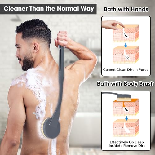 Gobiteli Grey Back Scrubber with 20.5-Inch Handle - Shower Brush for Deep Body Clean