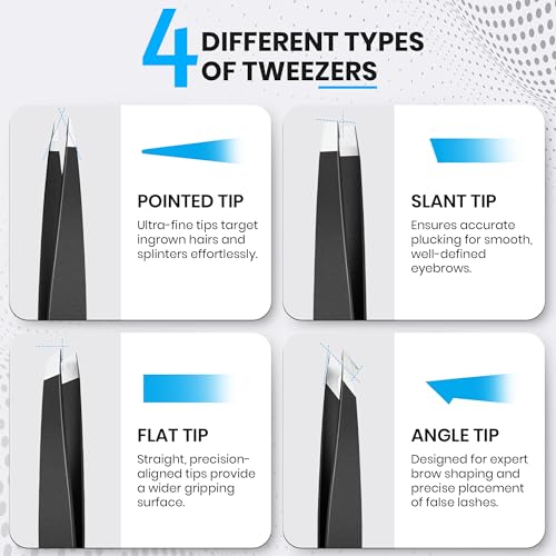 Premium Eyebrow Tweezers Set ? 4 Professional Stainless Steel Tweezers with Travel Leather Case ? Precision Tip, Slanted, Pointed & Flat Tweezers for Eyebrow Shaping, Ingrown Hair & Splinter Removal