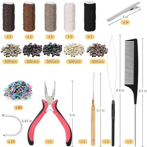 VCAY Hair Extension Tools Kit, 500 Silicone Lined Ring Beads,1 Plier, 1 Threader,1 Crochet Hook,10 Curved Hair Needle,5 Hair Clips,5 Rolls Sewing Threads,100 Rubber Bands with Storage Case