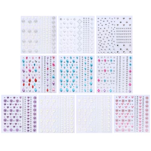 10 Sheets Face Gems Jewels for Makeup Self Adhesive Rhinestones Gems Stickers for Face Nail Eyes Decor Bling Stick on Jewels for Christmas DIY Craft, Card Decorations