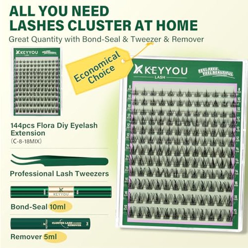 KEYYOU Lash Clusters Kit - 144pcs C Curl Wispy Lashes 8-18mm