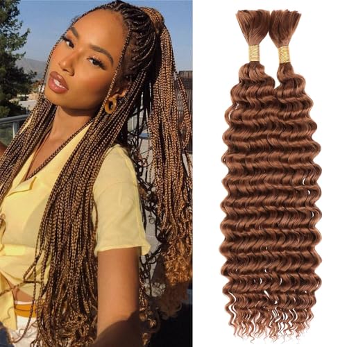 #30 Light Brown Deep Wave Human Hair Braiding Bundles - 24 Inch