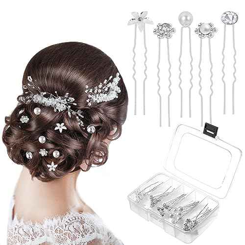 48 Pack 5 Styles Wedding Bridal Hair Pins Hair Accessories Gift, Prom Pearl Rhinestone Hair Pins Crystal Flower Hair Clips Hair Jewelry for Brides Women