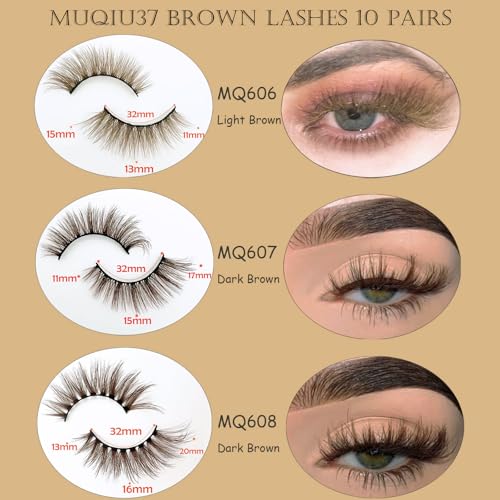 Brown Eyelashes Natural Look Dark Brown False Lashes Wispy Faux Mink Lashes Fluffy Fake Lashes 3D Strip Evelashes Pack 10 Pairs(MQ607)