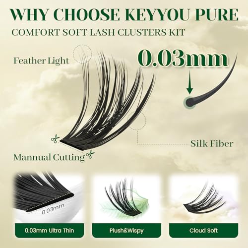 KEYYOU DIY Lash Extension Kit 300pcs 80D D Curl Soft Lash Clusters Easy to Apply with Lash Bond and Seal Applicator and Remover Eyelash Extension Kit at Home(RMkit-80D-D-9-18mix)