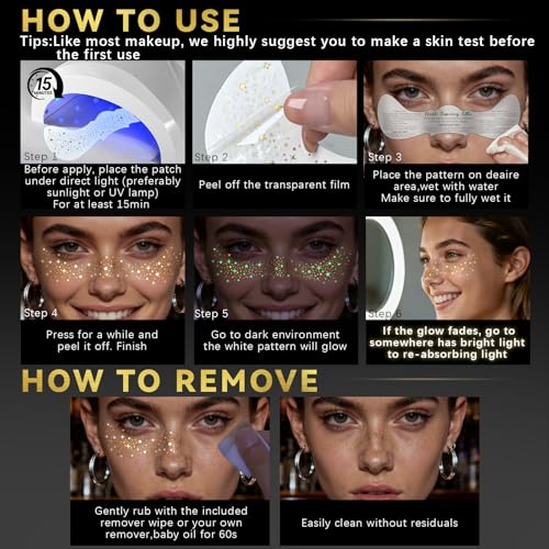Glow in the Dark Glitter Freckle Tattoos – 6pc Gold Star Face Stickers