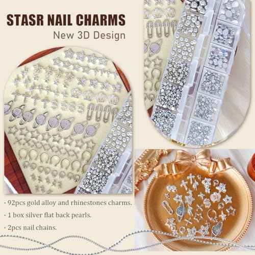 92pcs Star Nail Charms, 1 Box Silver Nail Pearls for Crafting Flat Back, Y2K Silver Metal Planet Cross for Acrylic Nail Art Rhinestones Dangling Star Nail Chains Cute Gems Manicure Decorations Bulk