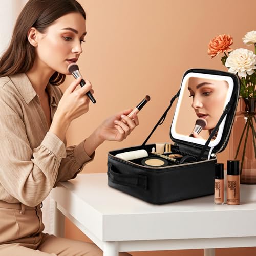 IPOW Travel Makeup Bag with LED Mirror, 3 Adjustable Light Settings, Customizable Dividers, Portable Travel Organizer, USB Charging, Black, Small