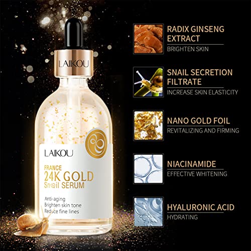 Snail Serum for Face,Hyaluronic Acid Serum with Vitamin B3 Oil Niacinamide Serum Facial 24k Gold Snail Collagen Reduces Fine Lines Brightening Nourishing Hydrating Face Serum Skincare Product