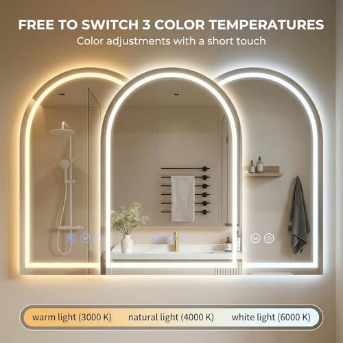 Antok 24x36 Inch Arched Wall-Mounted LED Bathroom Vanity Mirror with Lights, Dimmable & Anti-Fog, White Variation