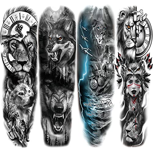 Lion Wolf Full Sleeve Temporary Tattoo, 4-Sheet Waterproof