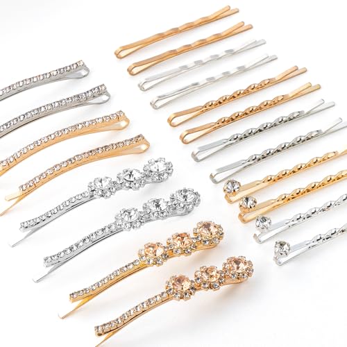 Rhinestone Bobby Pins for Women, 20 PCS Gold & Silver Hair Clips
