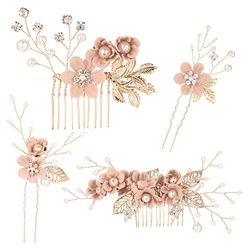 4Pcs Rose Gold Wedding Hair Combs with Pearl Crystals