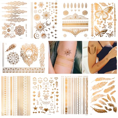 9 Sheets Gold Temporary Tattoos,110+ Designs Glitter Fake Tattoos for Women,Waterproof and Long-Lasting,Gold Metallic Glitter Tattoo Perfect for Vacation,Parties and Festivals