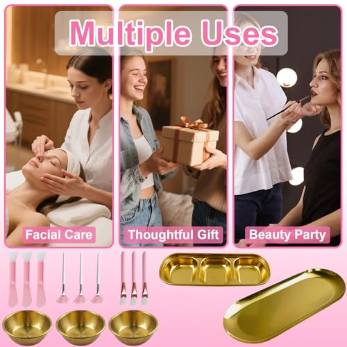 14 Pcs Esthetician Supplies 3 Large Stainless Steel Gold Mixing Bowls 1 Gold Serving Tray 1 Serving Tray with 3 Compartment 3 Facial Fan Brushes 3 Face Mask Applicator Brush 3 Facial Mask Scrapers