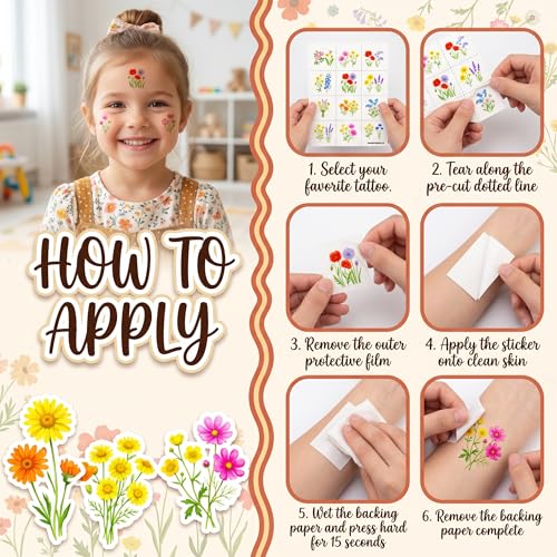 96 PCS Wildflower Temporary Tattoos for Kids