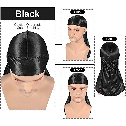 3-Pack Silky Durags for Men with Long Tails & Wave Cap
