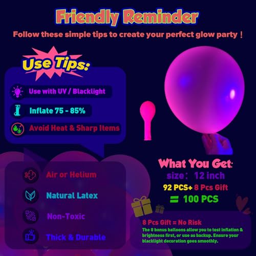 100 UV Neon Balloons - 12 Inch Glow in the Dark Party Supplies