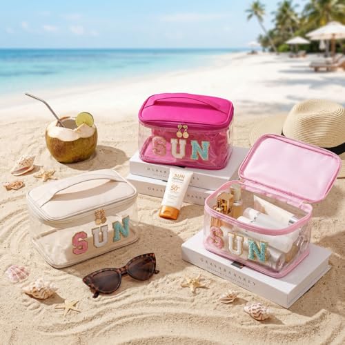 Clear Waterproof Makeup Bag with Letter Patches - Sunscreen Travel Pouch