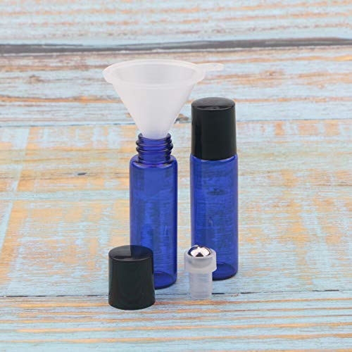 JIUWU 15pcs 5ml Blue Essential Oils Stainless Steel Roller-on Bottles Refillable Perfume Organic Beauty Stainless Steel Frosted Vials with 2pcs Funnels, 1 Tool