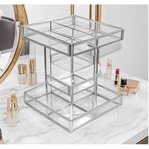 Hersoo 360 Degree Rotation Cosmetic Organizer -Premium Makeup Storage with Spin Base,Antique Countertop Cosmetic Storage,Large Capacity,Beauty Display for Countertop,Vanity or Bathroom (silver)
