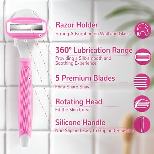 Razors for Women Include 1 Non-Slip Handle and 7 Blade Refills with a Shower Holder, 5 Premium Blades Women's Razors for Shaving with 360¡Æ Lubrication Reduces Irritation, Pink