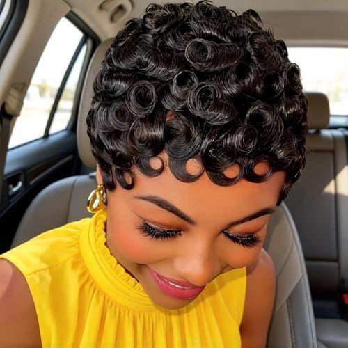 Yrenrea Black Finger Wave Human Hair Pixie Wig Short Curly Glueless Daily Use