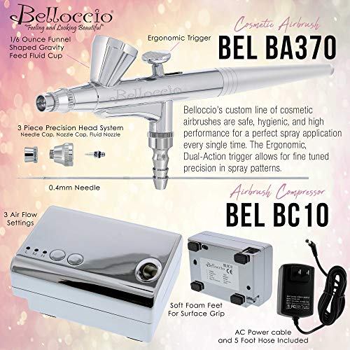 Belloccio Professional Beauty Airbrush Cosmetic Makeup System with 4 Tan Shades of Foundation in 1/4 Ounce Bottles - Kit Includes Blush, Bronzer and Highlighter and 3 Bonus Items and a Video Link