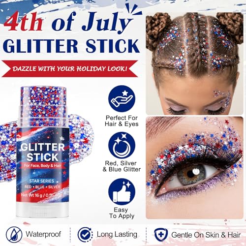 Patriotic Glitter Stick - Red White Blue Face Hair Makeup