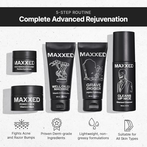 MAXXED Complete Advanced Rejuvenation Routine - 5 in 1 Men¡¯s Skincare Set with Face Wash, Scrub, Moisturizer, Eye Cream and Detox Clay Mask - Natural Skincare Kit for Clean, Hydrated, Even Skin