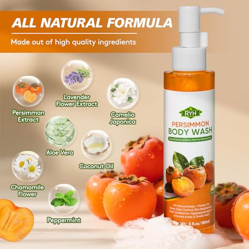 RYH 2 PCS Persimmon Soap Bar and Persimmon Body Wash for Body Odor Control, Natural Deodorant Soap for Old People Smell, Remove Body Odor Shower Gel, Persimmon Bath Soap for Women & Men