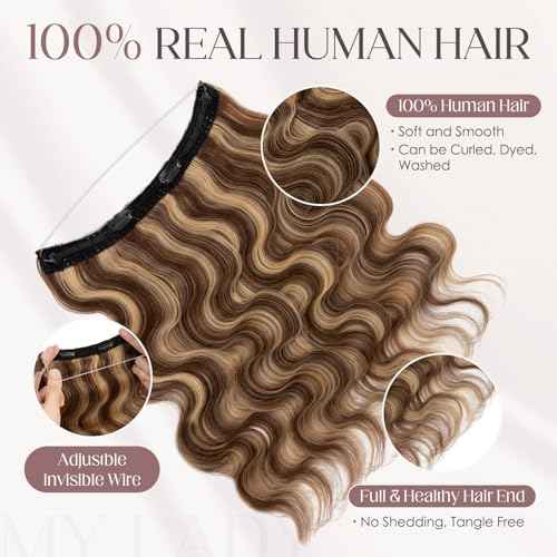 MY-LADY Wavy Halo Hair Extensions Real Human Hair for Women Medium Brown & Dark Blonde Clip in Remy Hairpiece with Adjustable Invisible Wire 20 Inch 70G