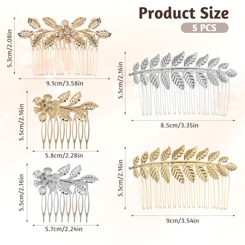 5Pcs Leaf Hair Combs with Rhinestones Gold Silver