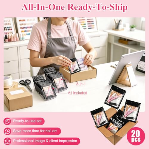 Press On Nail Prep Kit – 20 Pre-Packaged Sets with Cuticle Tool & Glue