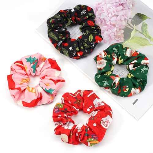 Christmas Hair Scrunchies for Women Girls Green Pink Santa Claus Snowman Bell Snowflake Hair Ties Xmas Cute Elastic Scrunchy Ponytail Holder Hair Accessories Christams Gifts