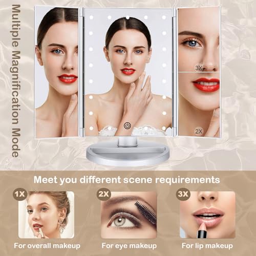 Tri-fold Lighted Vanity Makeup Mirror with 3x/2x Magnification,21 LEDs Light and Touch Screen,180 Degree Free Rotation Countertop Cosmetic Mirror,Travel (White)