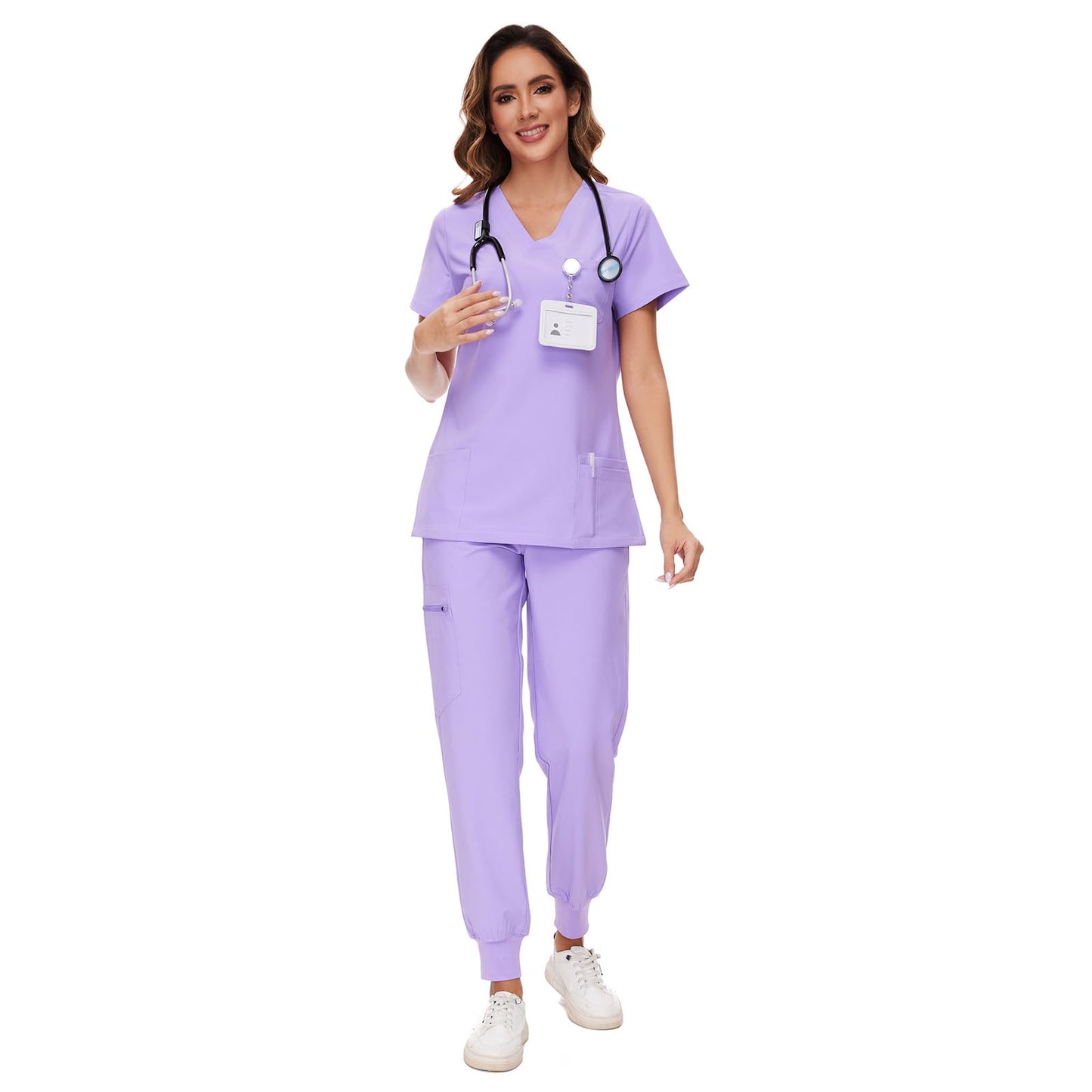 COZYFIT Scrubs for Women Set - Stretch V-Neck Scrub Top & Jogger Pant with 8 Pockets, Yoga Waistband, Anti Wrinkle, Slim Fit Women Scrubs