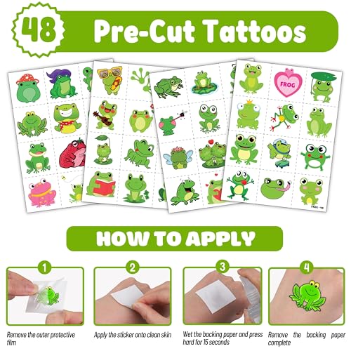 72 PCS Frog Party Favors 48 PCS Temporary Pre-cut Tattoos 24PCS Slap Bracelets Wristbands Perfect for Themed Birthday Baby Showers or Classroom Rewards Ideal Decor and Gifts for Girls and Boys