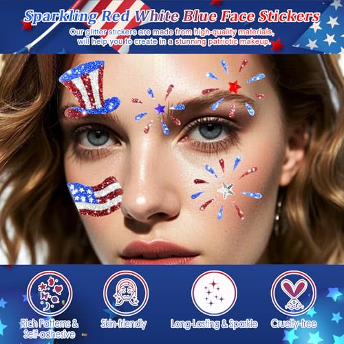 Boko 4th of July Patriotic Glitter Face Stickers, 4Pcs Red White Blue Temporary Tattoos, Self Adhesive Art Sticker Face Tattoos for Independence Day Memorial Day Veterans Day Flag Rave Party