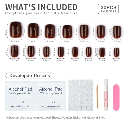 Chocolate Brown Short Square Press-On Nails Kit - 30 Pcs