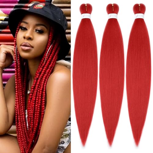 Pre-stretched Braiding Hair 20 Inch 3Packs Red Braiding Hair for Braids, Soft Yaki Texture Box Braids Hot Water Setting Synthetic Kanekalon Braiding Hair Pre Stretched（20 Inch, Red#)